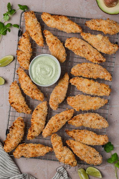 Coconut Chicken Tenders with Cilantro Avocado Sauce