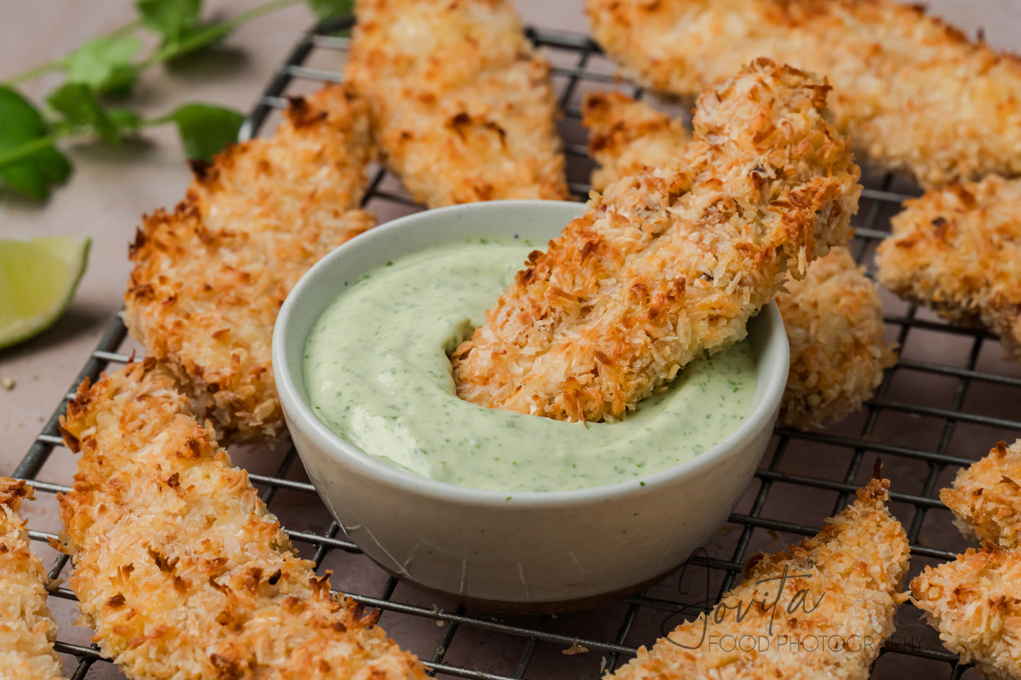 Coconut Chicken Tenders with Cilantro Avocado Sauce