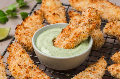 Coconut Chicken Tenders with Cilantro Avocado Sauce