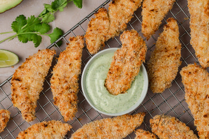 Coconut Chicken Tenders with Cilantro Avocado Sauce