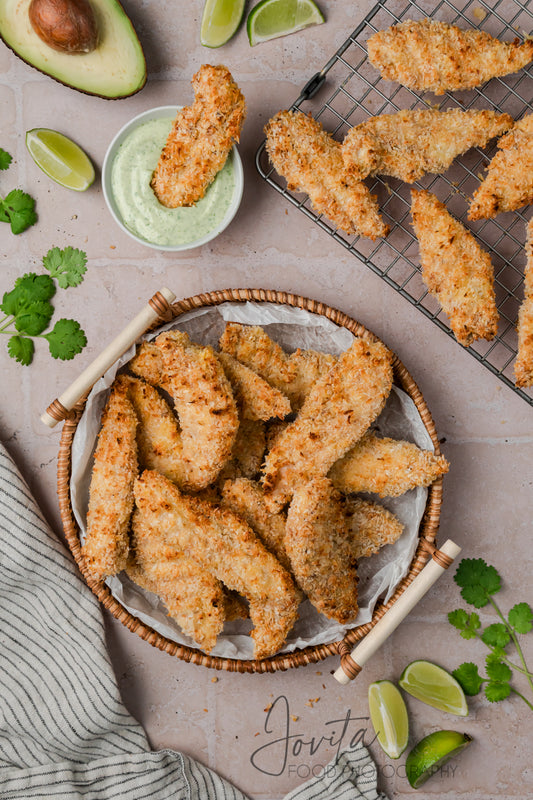 Coconut Chicken Tenders with Cilantro Avocado Sauce