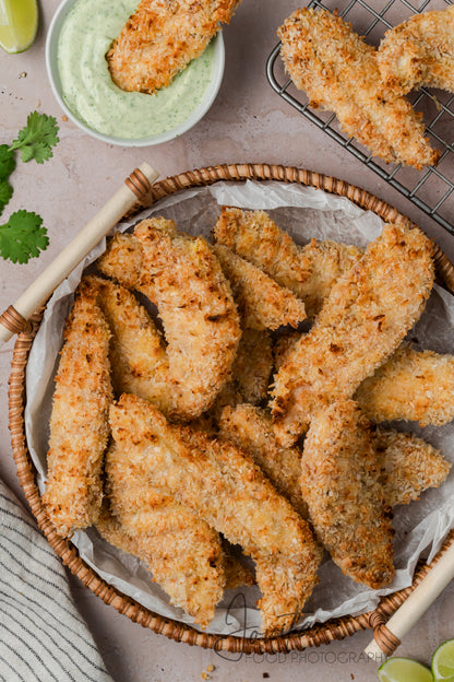 Coconut Chicken Tenders with Cilantro Avocado Sauce