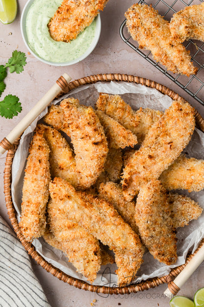 Coconut Chicken Tenders with Cilantro Avocado Sauce