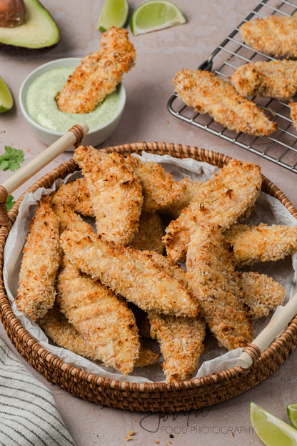 Coconut Chicken Tenders with Cilantro Avocado Sauce