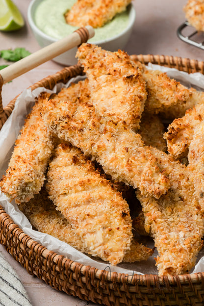 Coconut Chicken Tenders with Cilantro Avocado Sauce