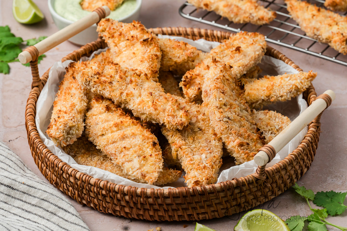 Coconut Chicken Tenders with Cilantro Avocado Sauce