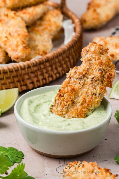 Coconut Chicken Tenders with Cilantro Avocado Sauce