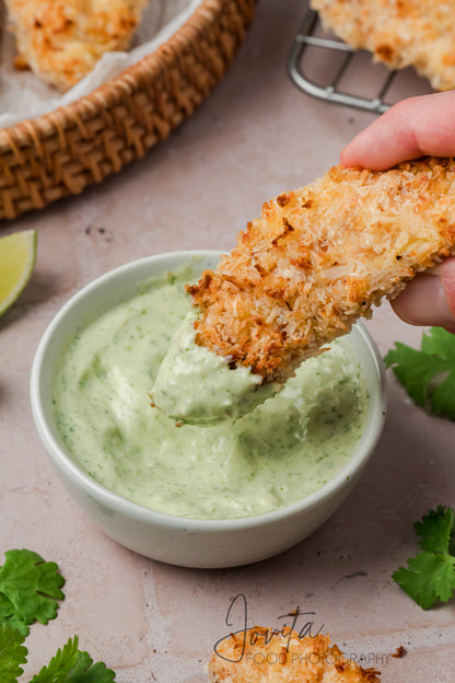 Coconut Chicken Tenders with Cilantro Avocado Sauce