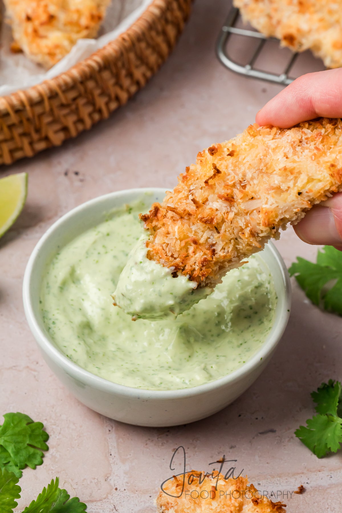 Coconut Chicken Tenders with Cilantro Avocado Sauce