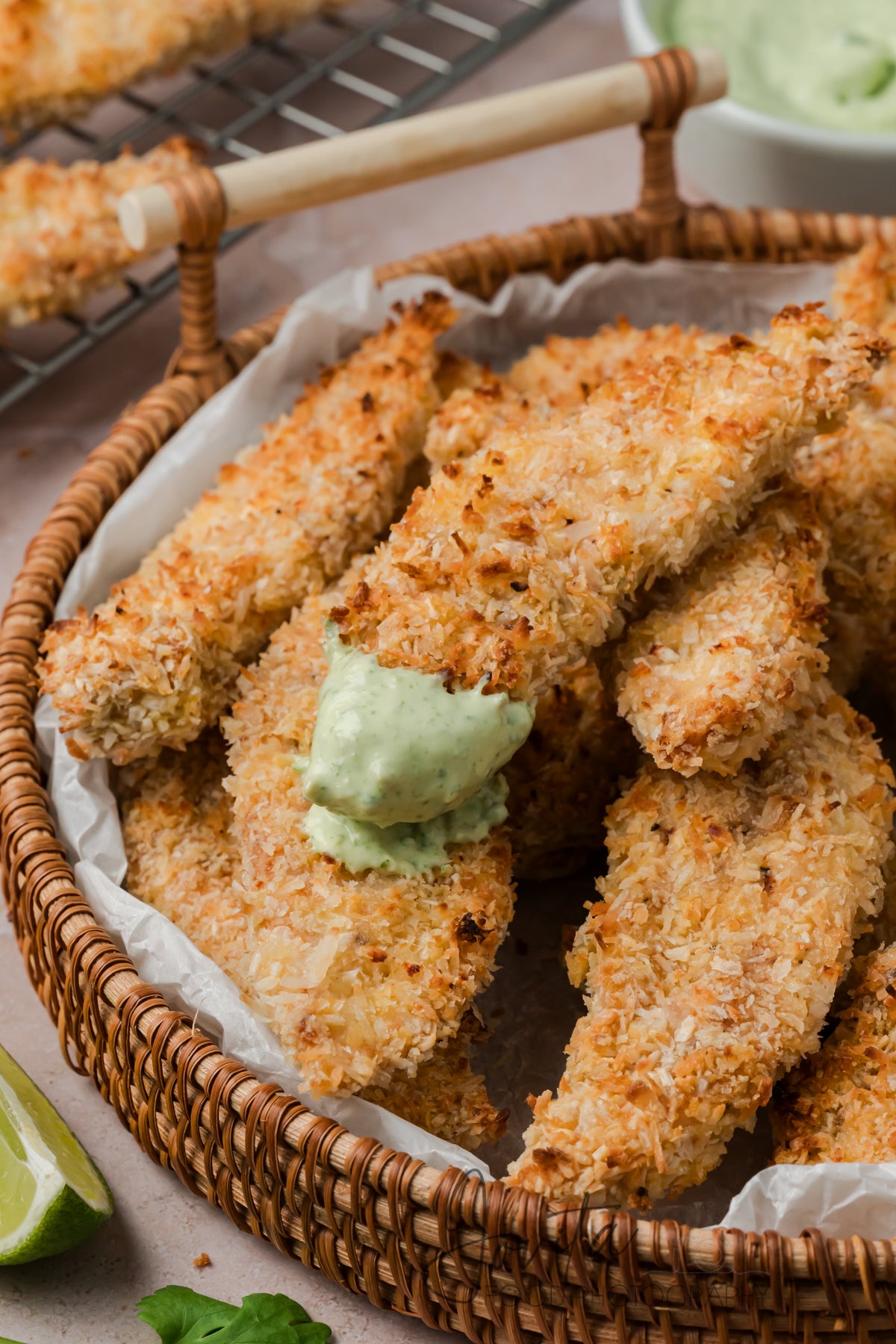 Coconut Chicken Tenders with Cilantro Avocado Sauce