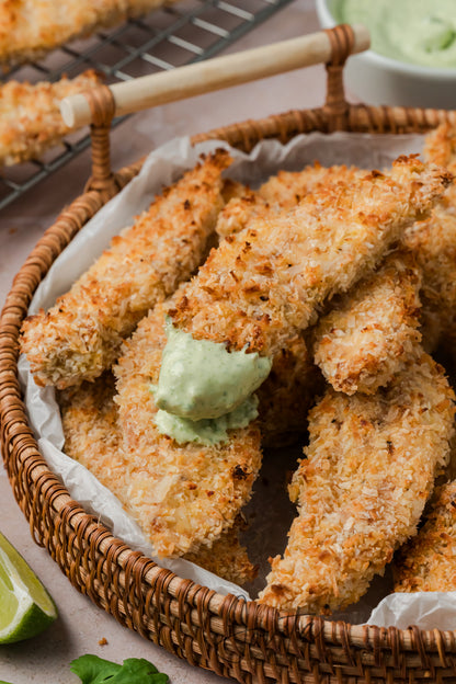 Coconut Chicken Tenders with Cilantro Avocado Sauce