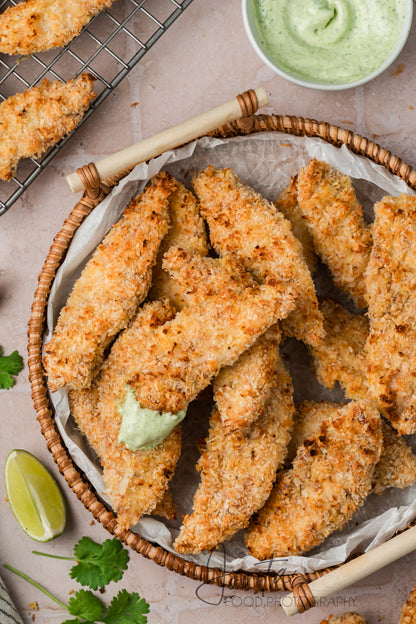 Coconut Chicken Tenders with Cilantro Avocado Sauce