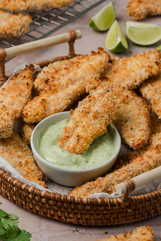 Coconut Chicken Tenders with Cilantro Avocado Sauce