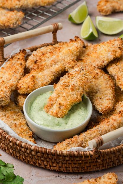 Coconut Chicken Tenders with Cilantro Avocado Sauce
