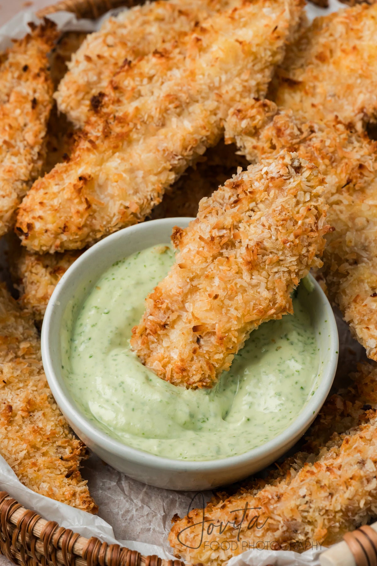Coconut Chicken Tenders with Cilantro Avocado Sauce