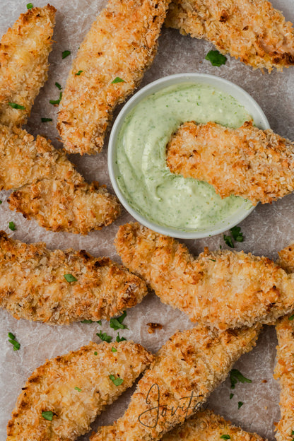 Coconut Chicken Tenders with Cilantro Avocado Sauce