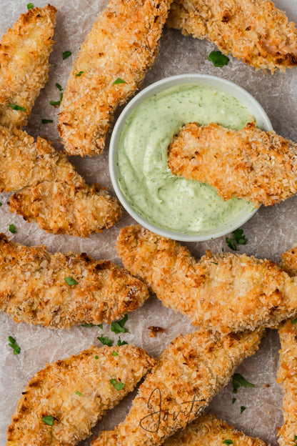 Coconut Chicken Tenders with Cilantro Avocado Sauce