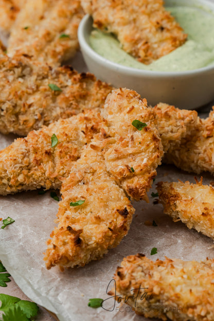Coconut Chicken Tenders with Cilantro Avocado Sauce