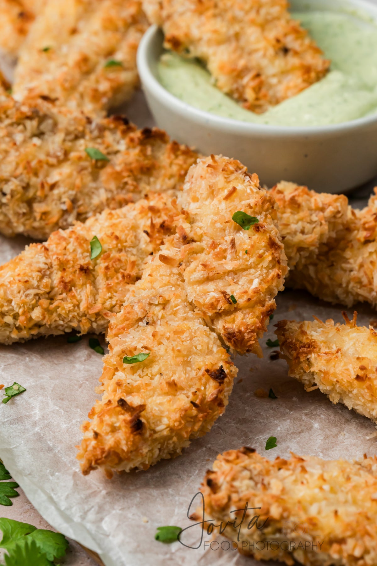Coconut Chicken Tenders with Cilantro Avocado Sauce