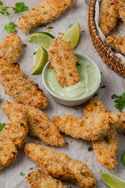 Coconut Chicken Tenders with Cilantro Avocado Sauce