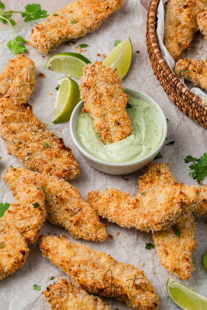 Coconut Chicken Tenders with Cilantro Avocado Sauce