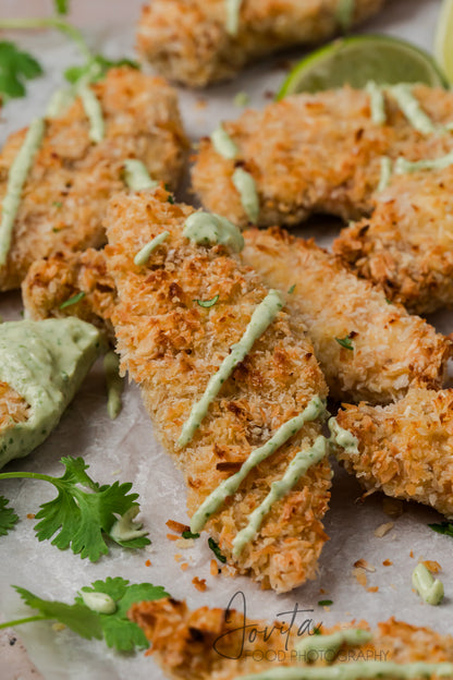 Coconut Chicken Tenders with Cilantro Avocado Sauce