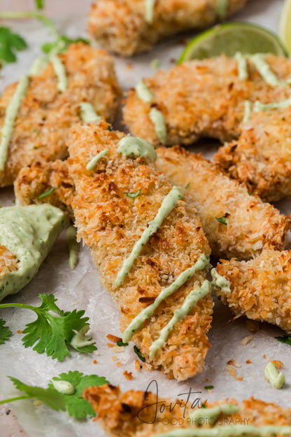 Coconut Chicken Tenders with Cilantro Avocado Sauce