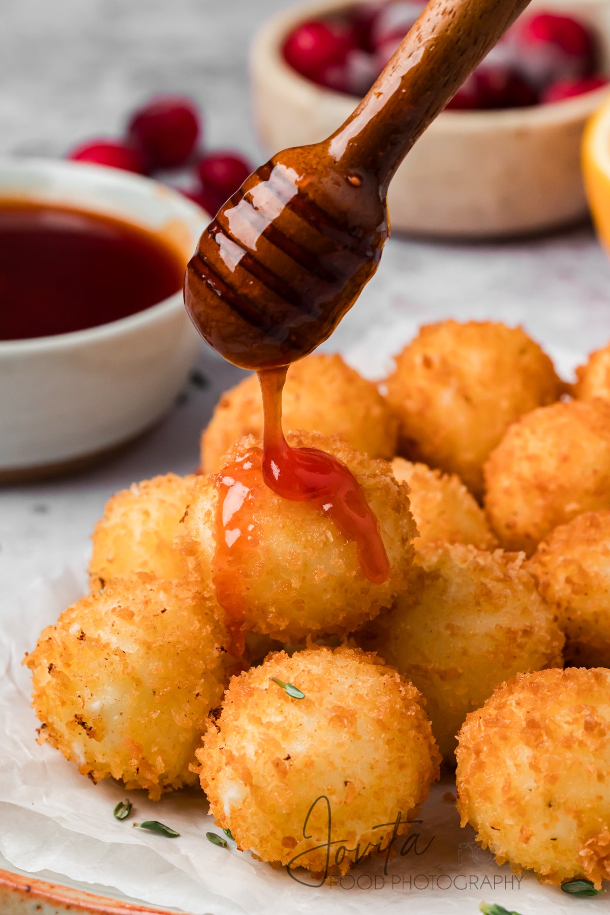 Fried Goat Cheese Balls with Cranberry Hot Honey