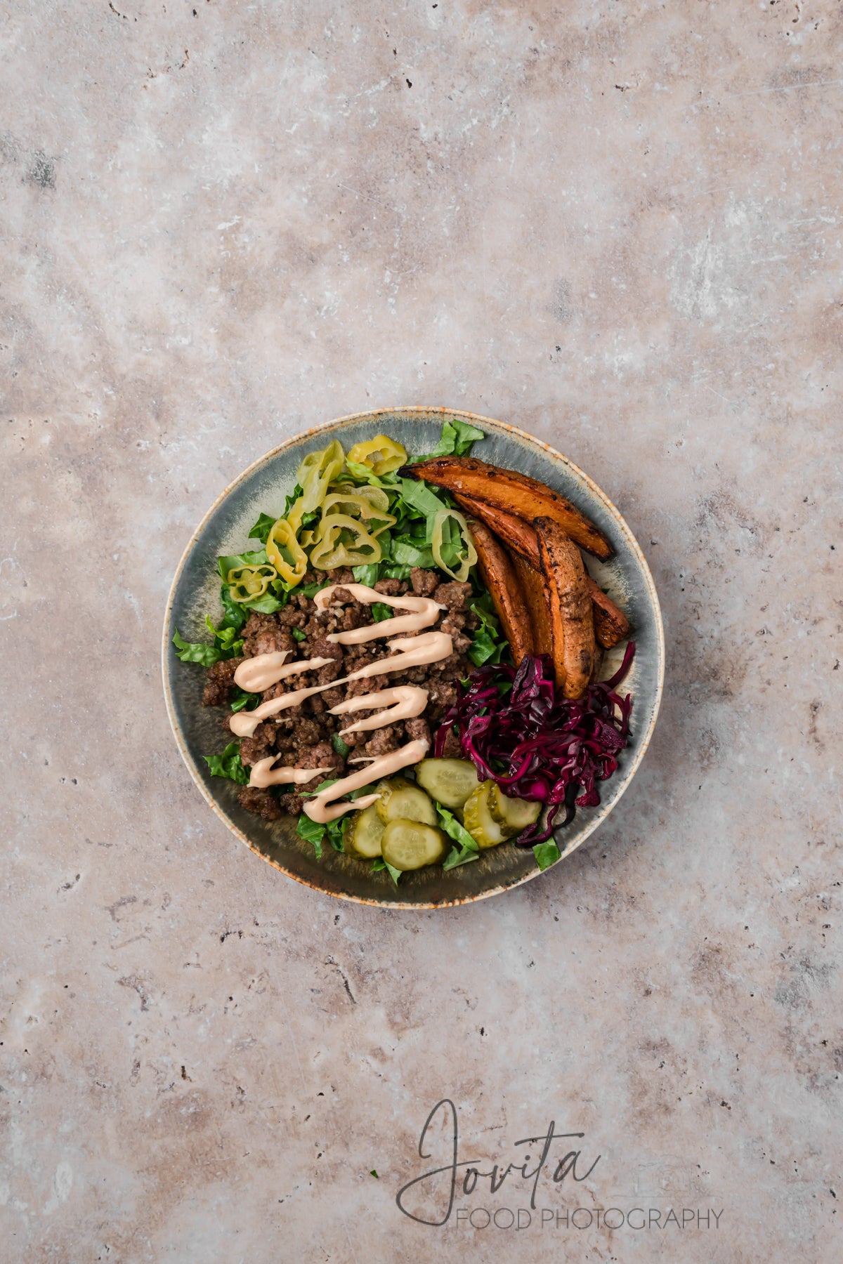 Loaded Burger Bowls with Sweet Potato Wedges