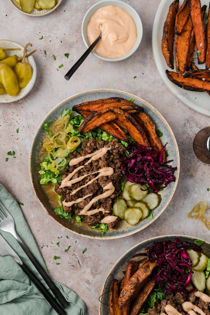 Loaded Burger Bowls with Sweet Potato Wedges