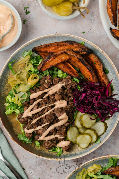Loaded Burger Bowls with Sweet Potato Wedges