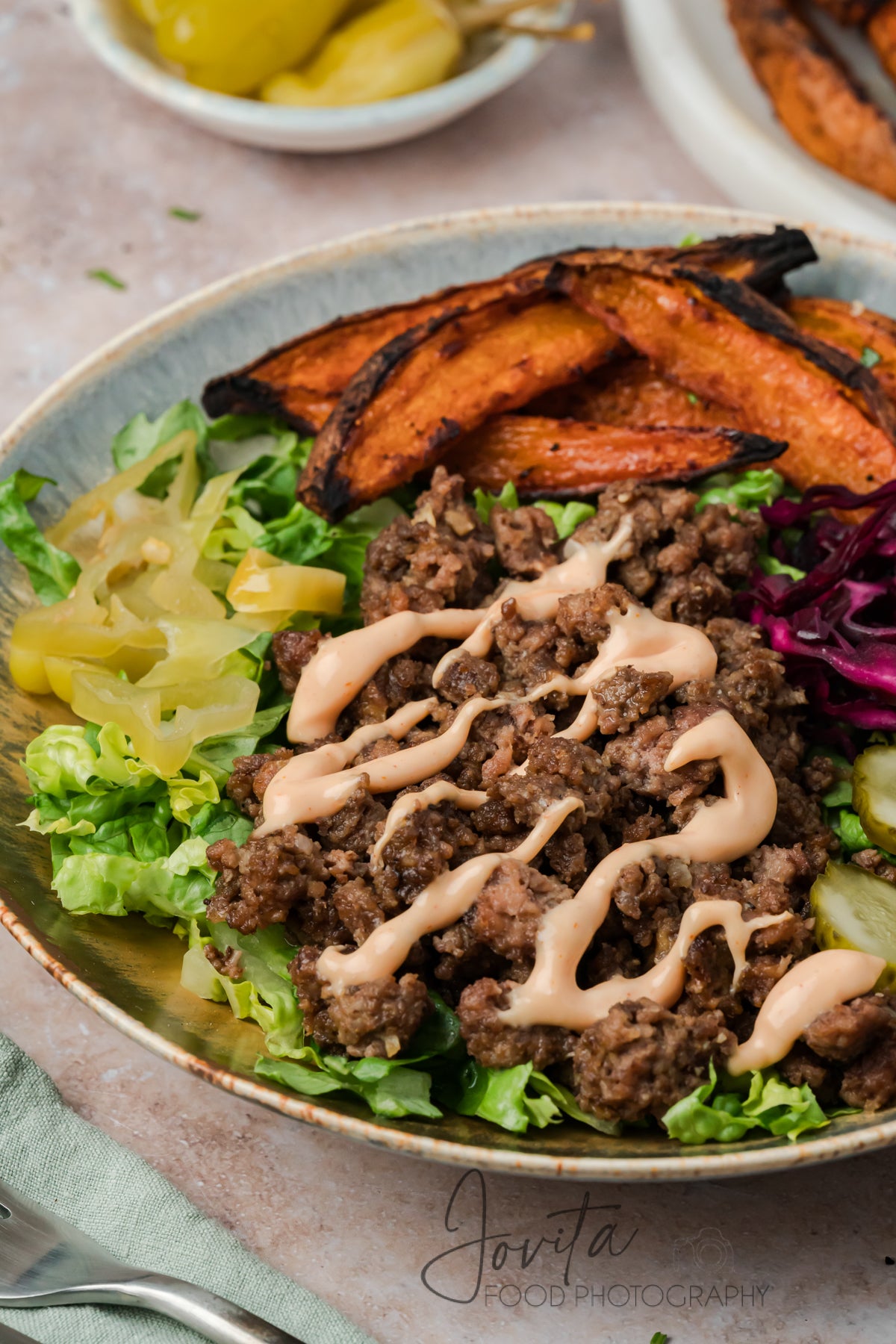 Loaded Burger Bowls with Sweet Potato Wedges