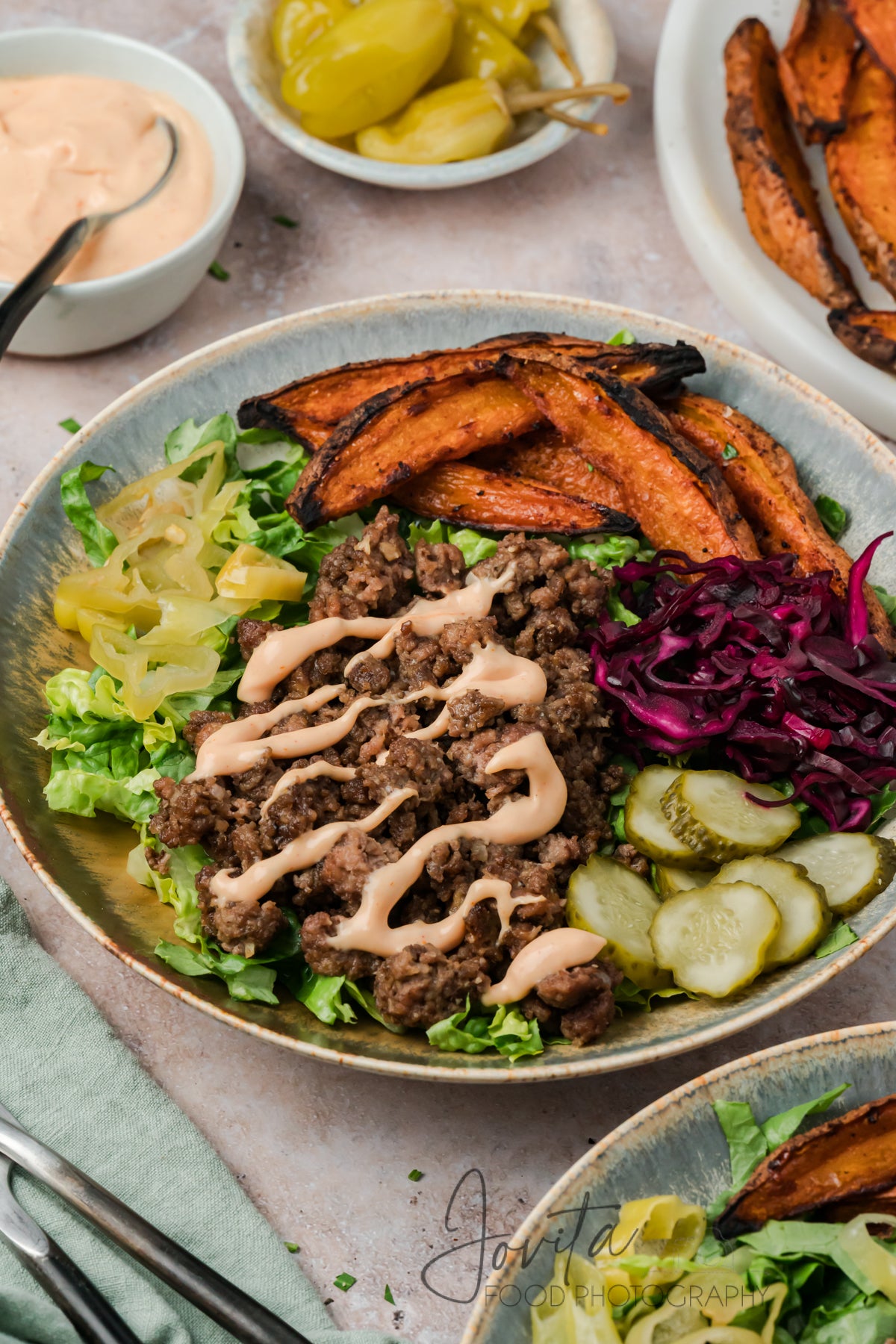 Loaded Burger Bowls with Sweet Potato Wedges