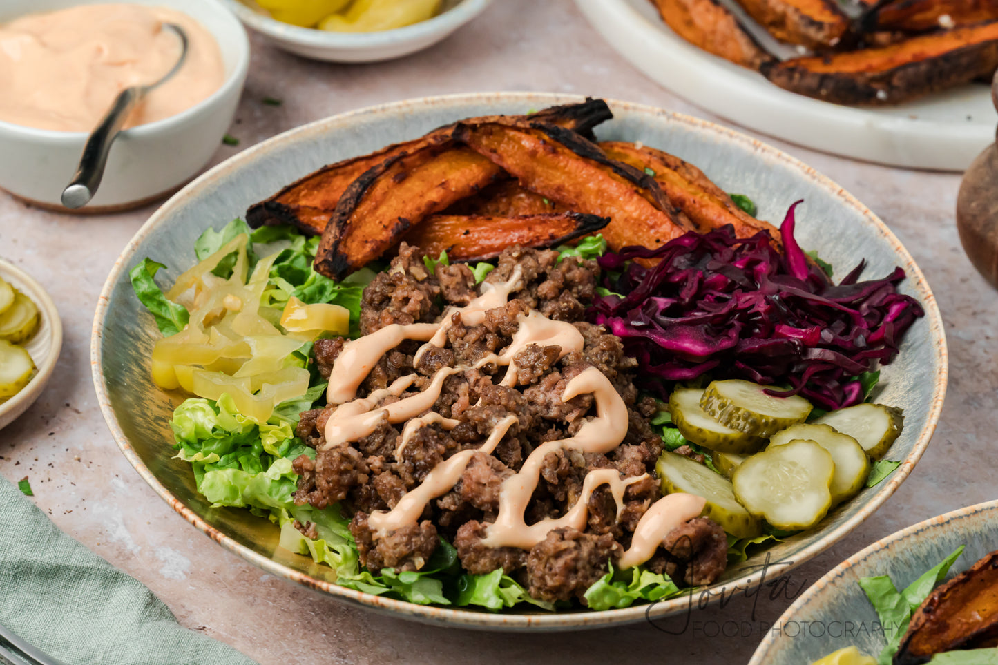 Loaded Burger Bowls with Sweet Potato Wedges