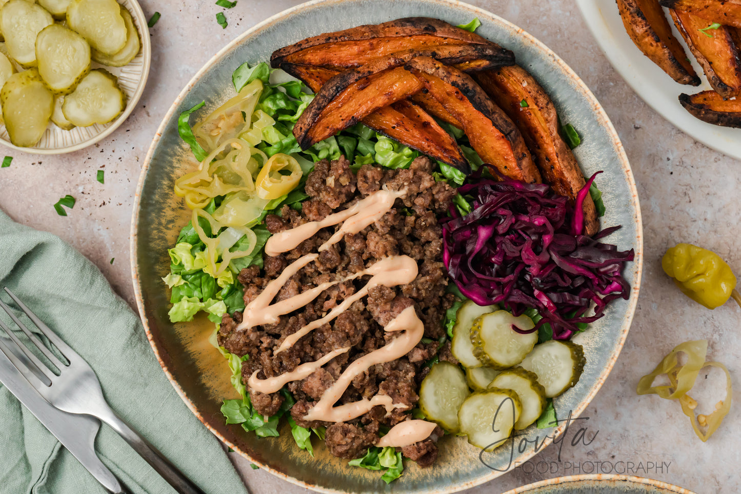 Loaded Burger Bowls with Sweet Potato Wedges