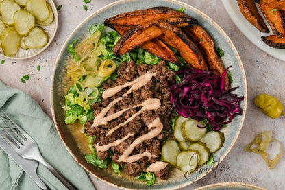 Loaded Burger Bowls with Sweet Potato Wedges
