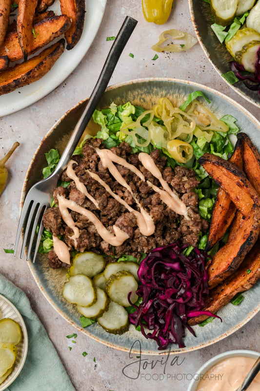 Loaded Burger Bowls with Sweet Potato Wedges