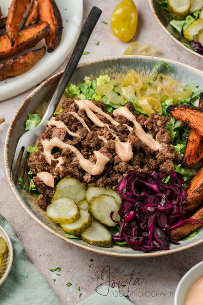 Loaded Burger Bowls with Sweet Potato Wedges