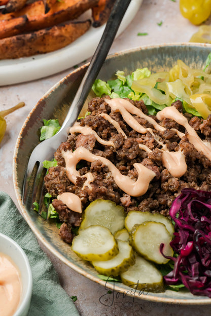Loaded Burger Bowls with Sweet Potato Wedges