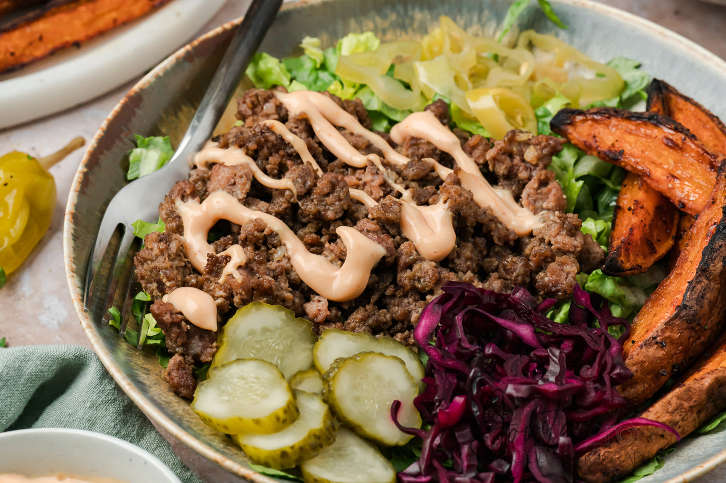 Loaded Burger Bowls with Sweet Potato Wedges