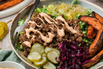 Loaded Burger Bowls with Sweet Potato Wedges