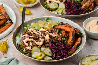 Loaded Burger Bowls with Sweet Potato Wedges