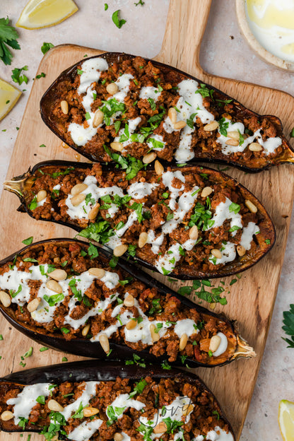 Mediterranean Stuffed Eggplant With Garlic Yogurt Sauce