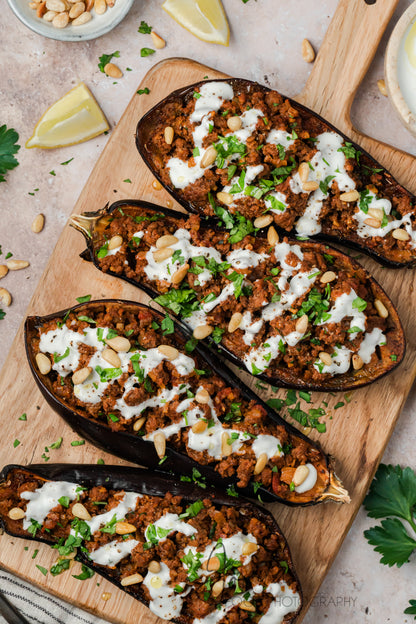 Mediterranean Stuffed Eggplant With Garlic Yogurt Sauce