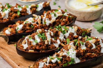 Mediterranean Stuffed Eggplant With Garlic Yogurt Sauce
