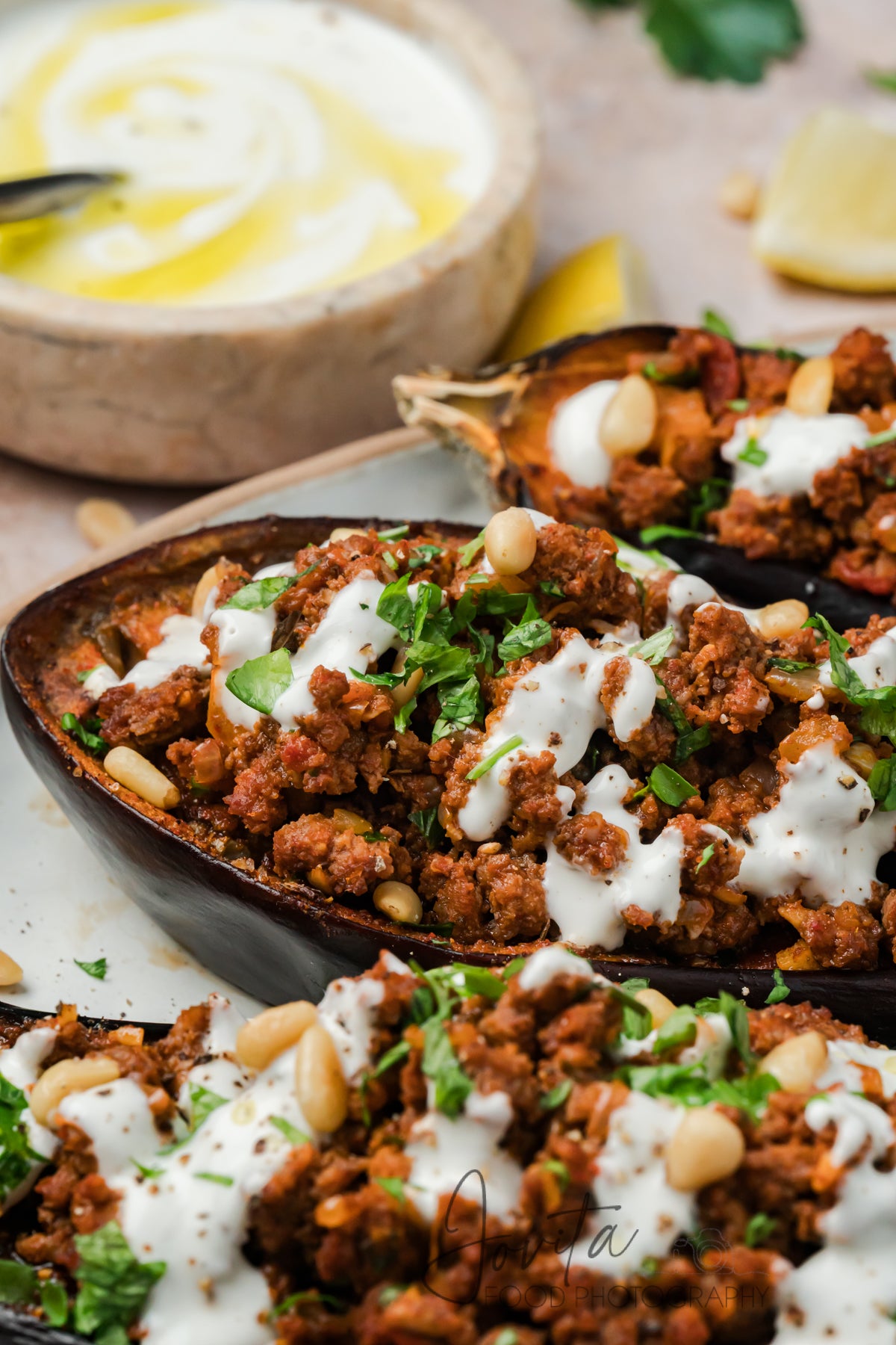 Mediterranean Stuffed Eggplant With Garlic Yogurt Sauce